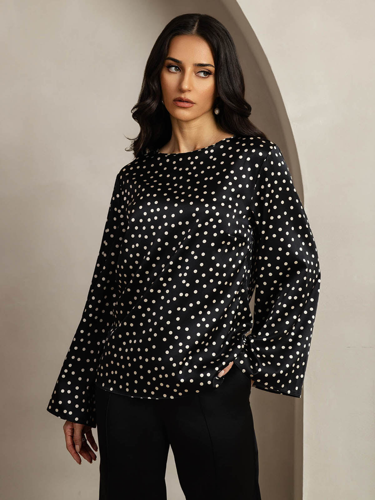 [Polka Dot] SilkSilky-CA 19Momme Silk Round Neck Women's T-Shirt 001,
