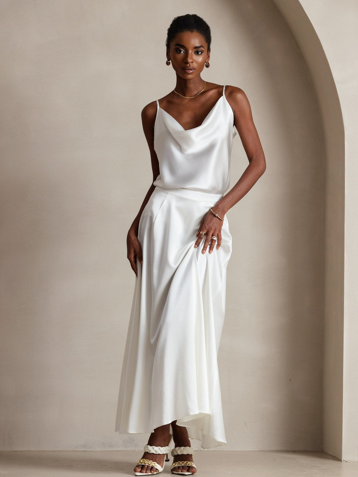 [White] SilkSilky-CA Spaghetti Strap Cowl Neck Camisole 001