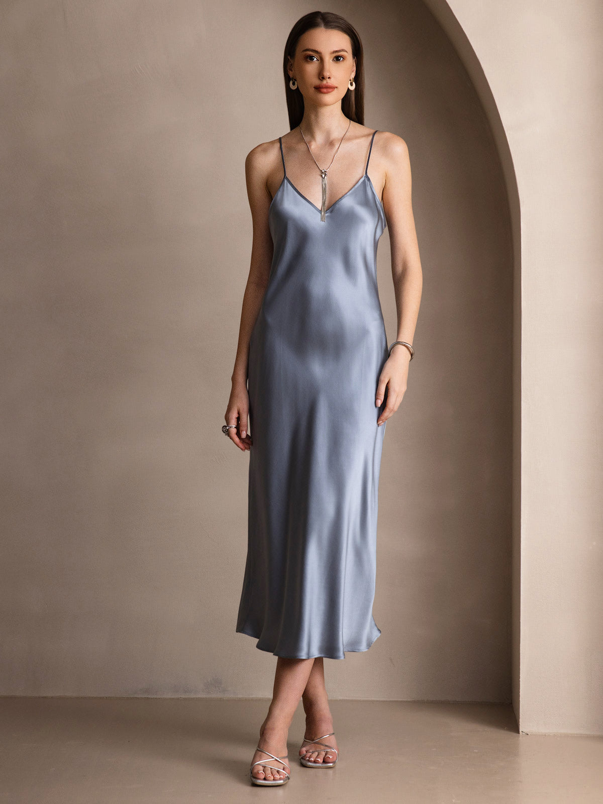 SilkSilky-CA Pure Silk Sleeveless Round Neck Dress GrayishBlue 005