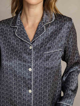 [Navy Ginkgo] SilkSilky-CA Pure Silk Notch Collar Women's Pajamas 006,