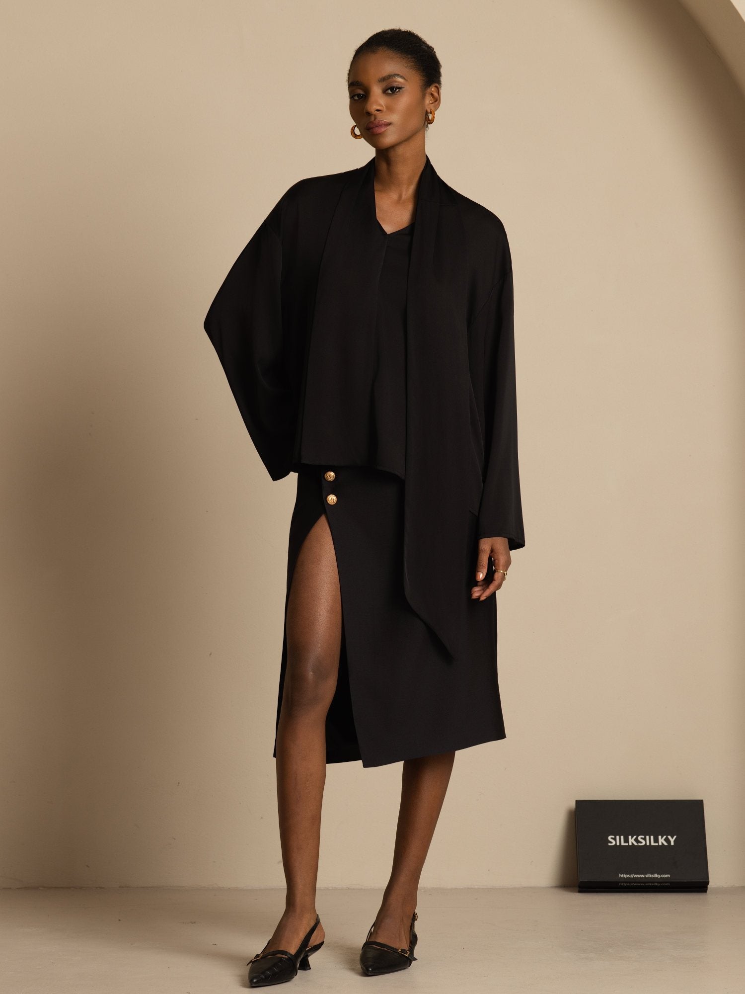 [Black] SilkSilky-CA 19Momme Stretch Silk Double Georgette Long Sleeve V Neck Blouse 006