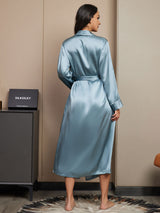 [Grayish Blue] SilkSilky-CA 19Momme Stretch Silk Charmeuse Long Sleeve Women's Robe 002