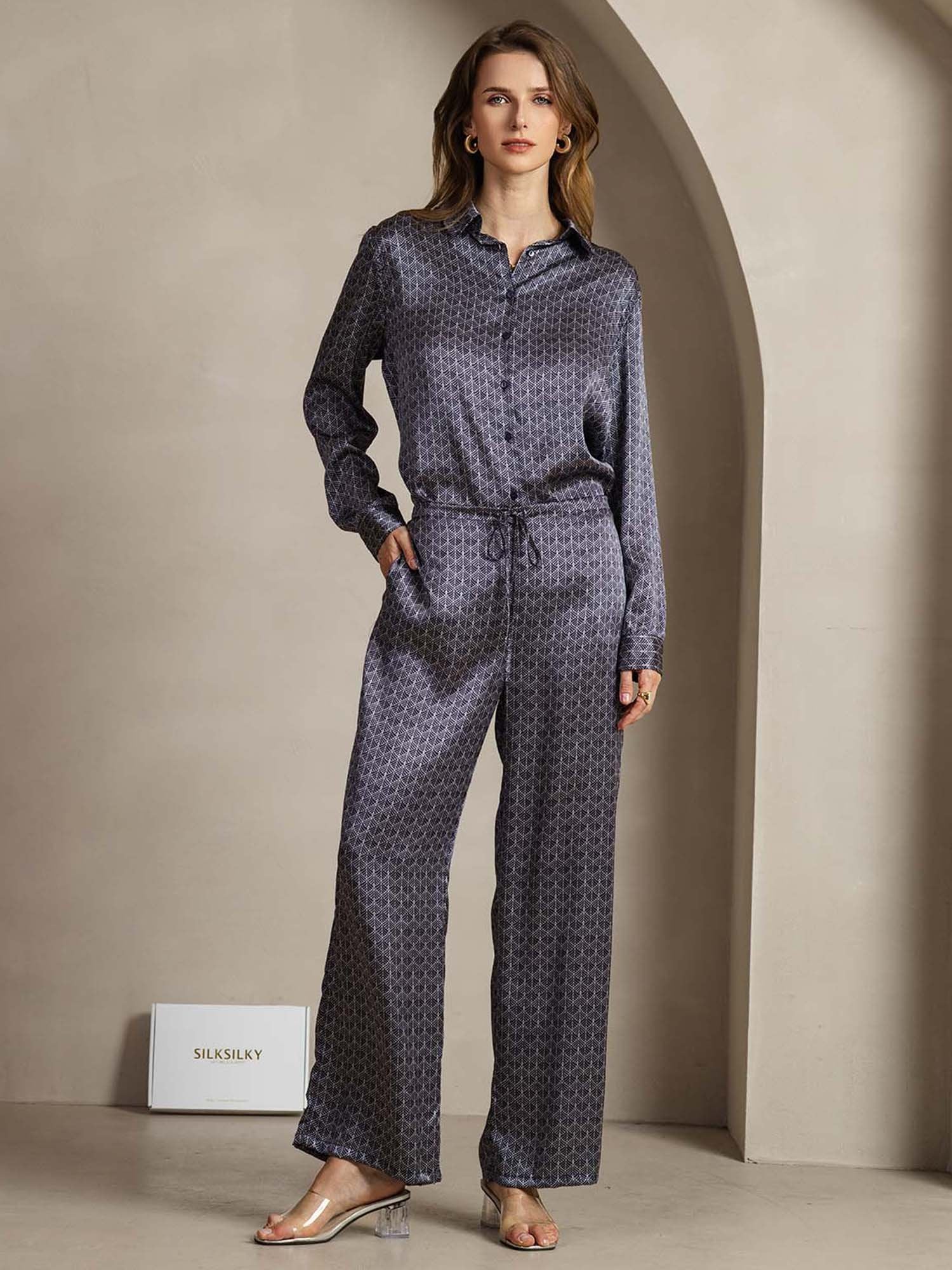 [NavyGinkgo] SilkSilky-CA 19Momme Silk Lapel Collar Women''s Outfit Sets 001