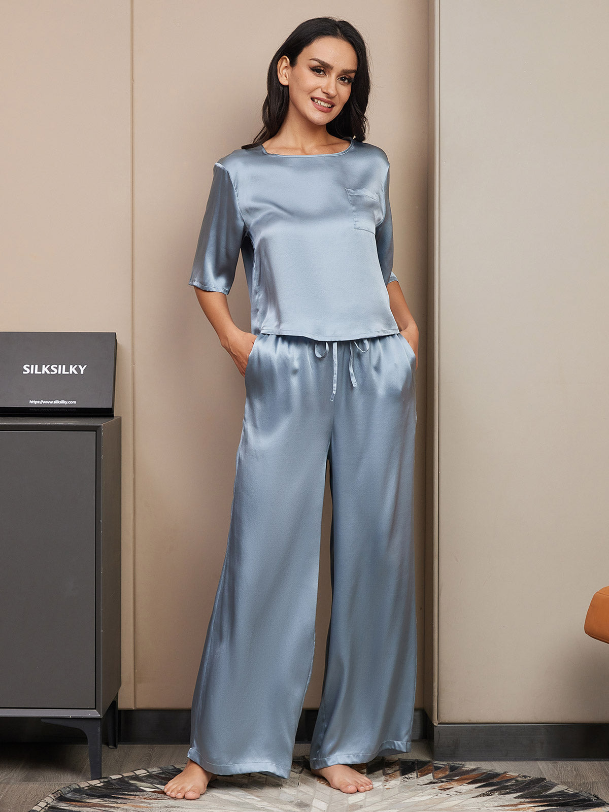 [Grayish Blue] SilkSilky-CA Pure Silk Half Sleeve Round Neck Women's Pajamas 006
