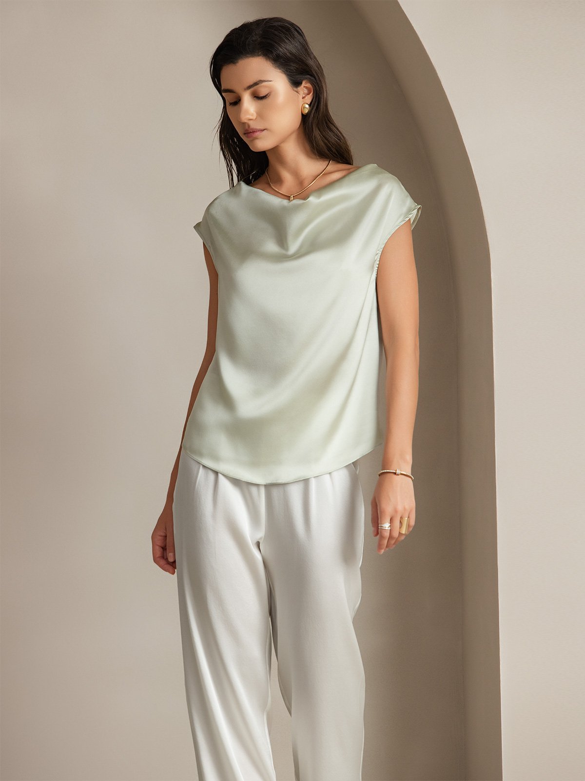 [Light Green] SilkSilky-CA 19Momme Silk Cap Sleeve Cowl Neck Women's T-Shirt 003