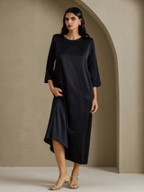 [Black] SilkSilky-CA 3/4 Sleeve Round Neck Dress 007