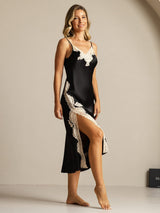 [Black] SilkSilky-CA Spaghetti Strap V Neck Nightgown 007