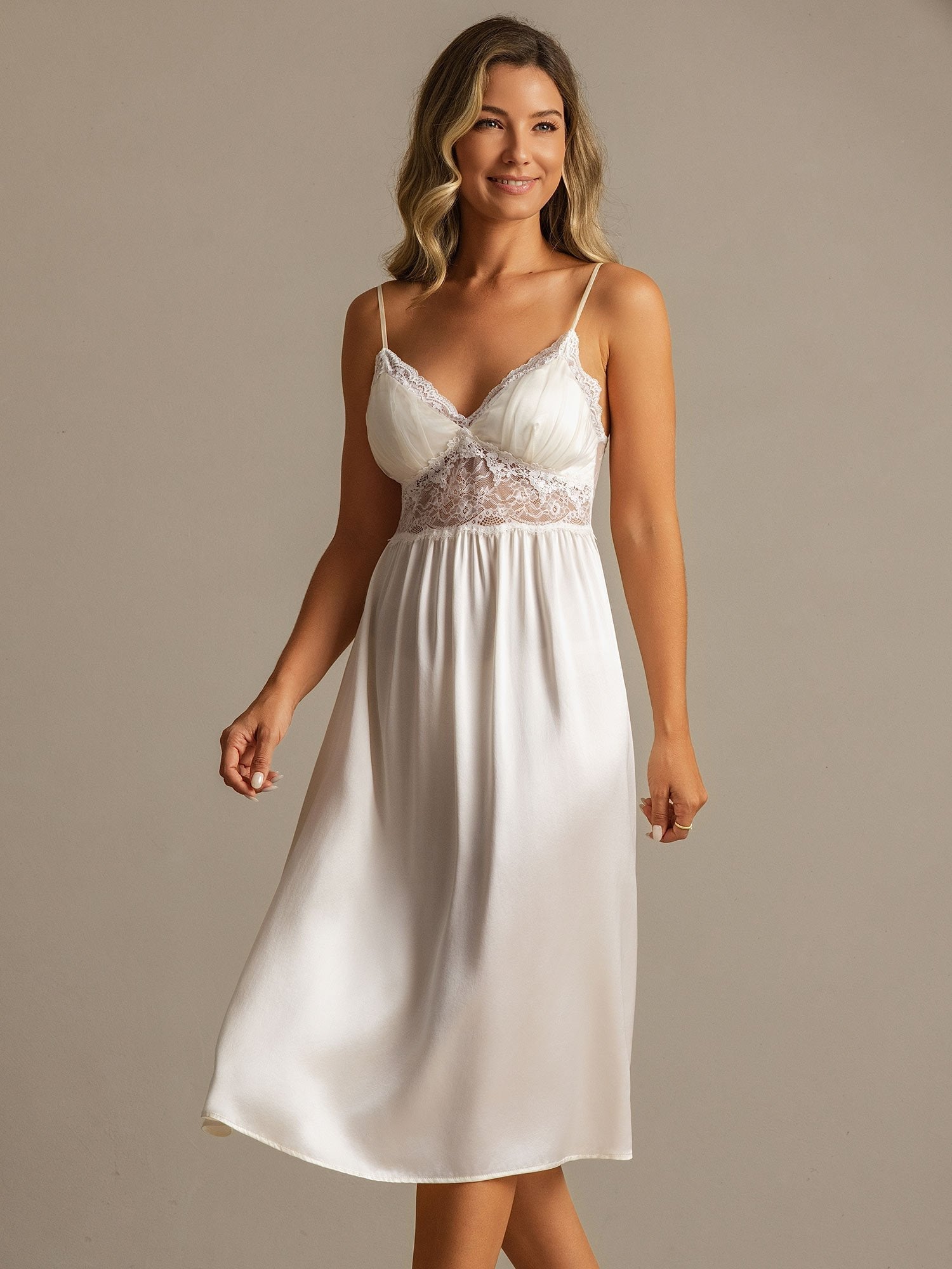 [White] SilkSilky-CA Spaghetti Strap Deep V Neck Nightgown 004