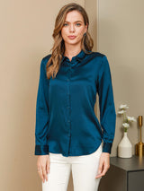 [Teal] SilkSilky-CA Long Sleeve Lapel Collar Women's Shirt 001