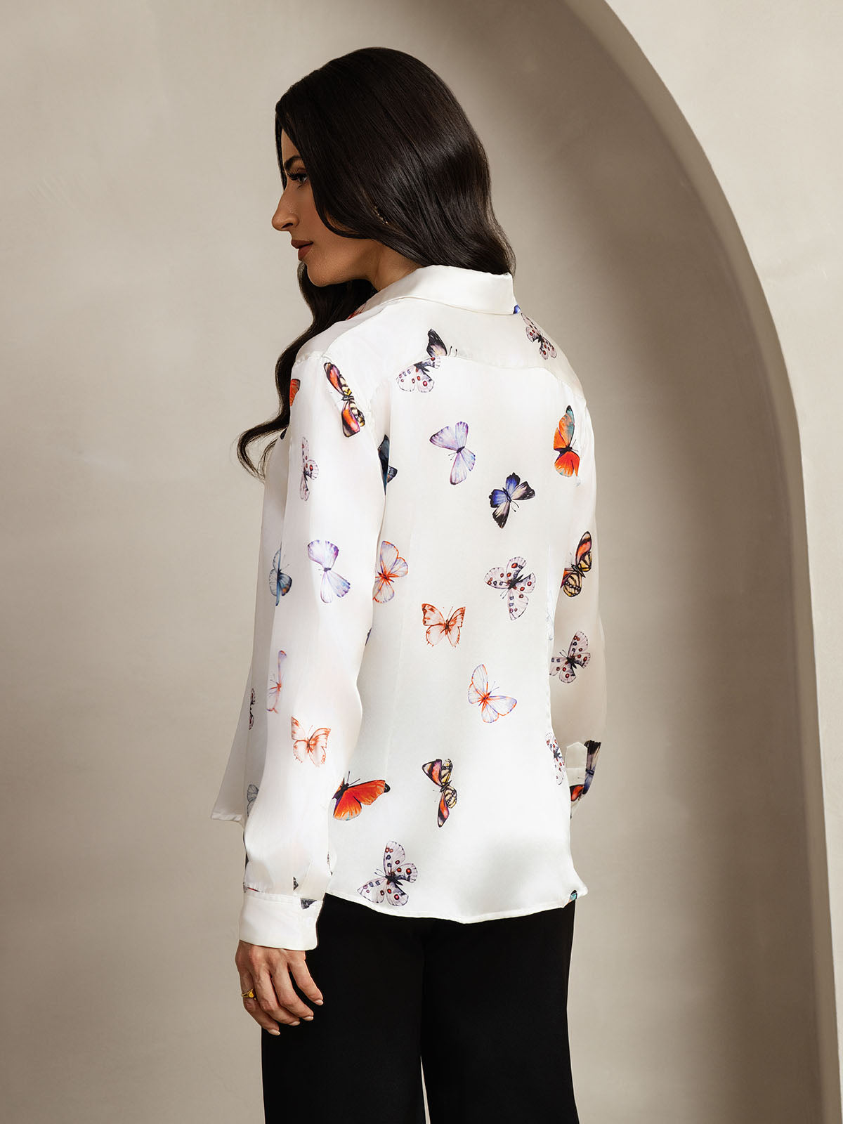 [White Butterfly] SilkSilky-CA Silk Lapel Collar Women's Shirt 002