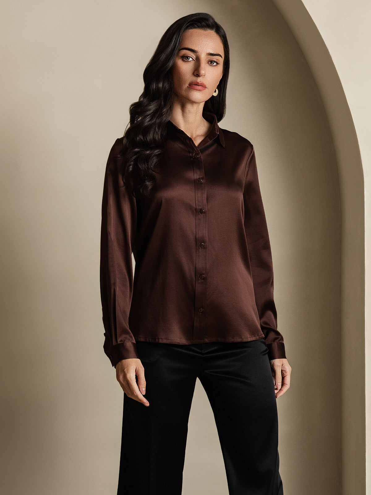 SilkSilky-CA 19Momme Silk Long Sleeve Collar Women's Shirt Coffee 001