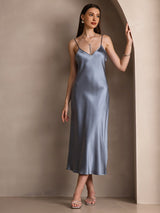 [Grayish Blue] SilkSilky-CA Spaghetti Strap V Neck Dress 001