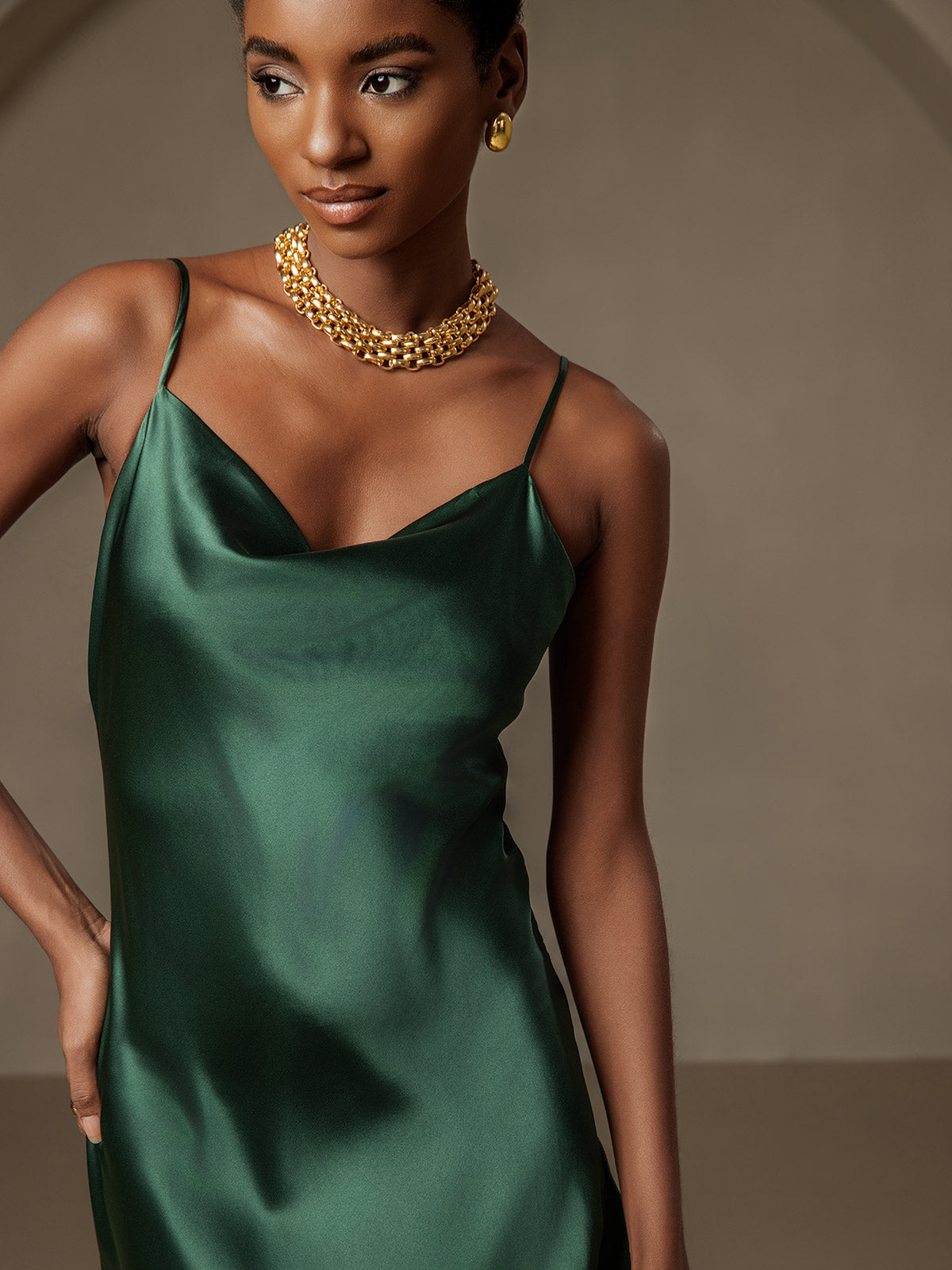[Dark Green] SilkSilky-CA 19Momme Pure Silk Cowl Neck Dress 003