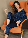 SilkSilky-CA Pure Silk Long Sleeve Lapel Women's Pajamas DarkBlue 007