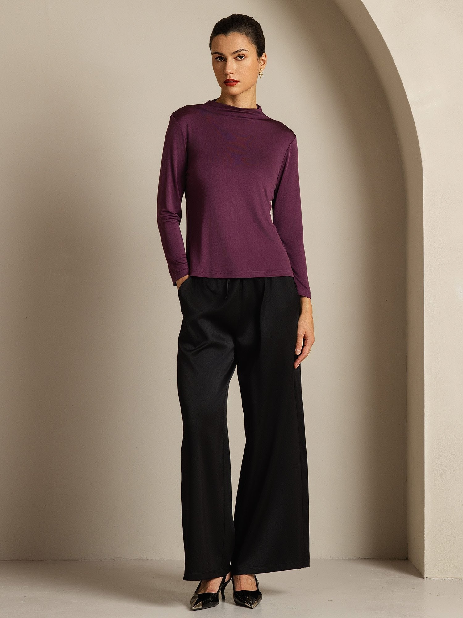 [Purple] SilkSilky-CA Pure Silk High Neck Women's T-Shirt 008