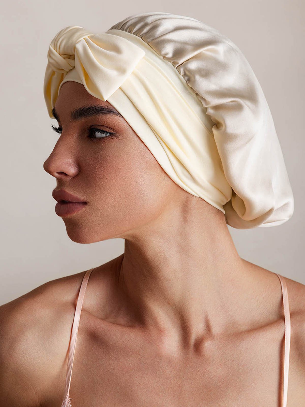 SilkSilky-CA Pure Silk Sleep Cap Beige 002