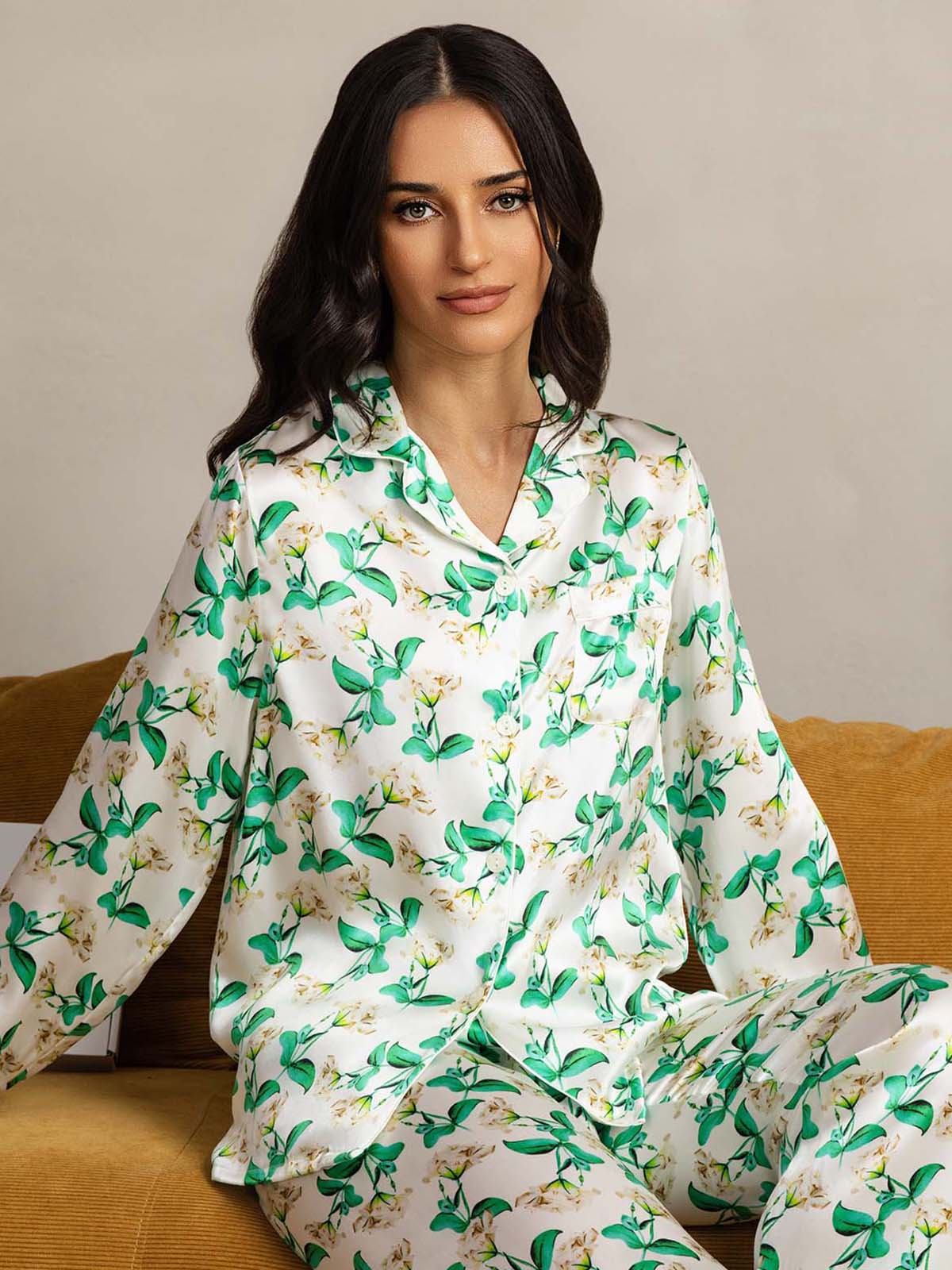 [Green Floral] SilkSilky-CA Pure Silk Womens Pajamas 006