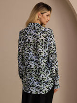 [Teal Leopard] SilkSilky-CA Long Sleeve Lapel Collar Blouse 002