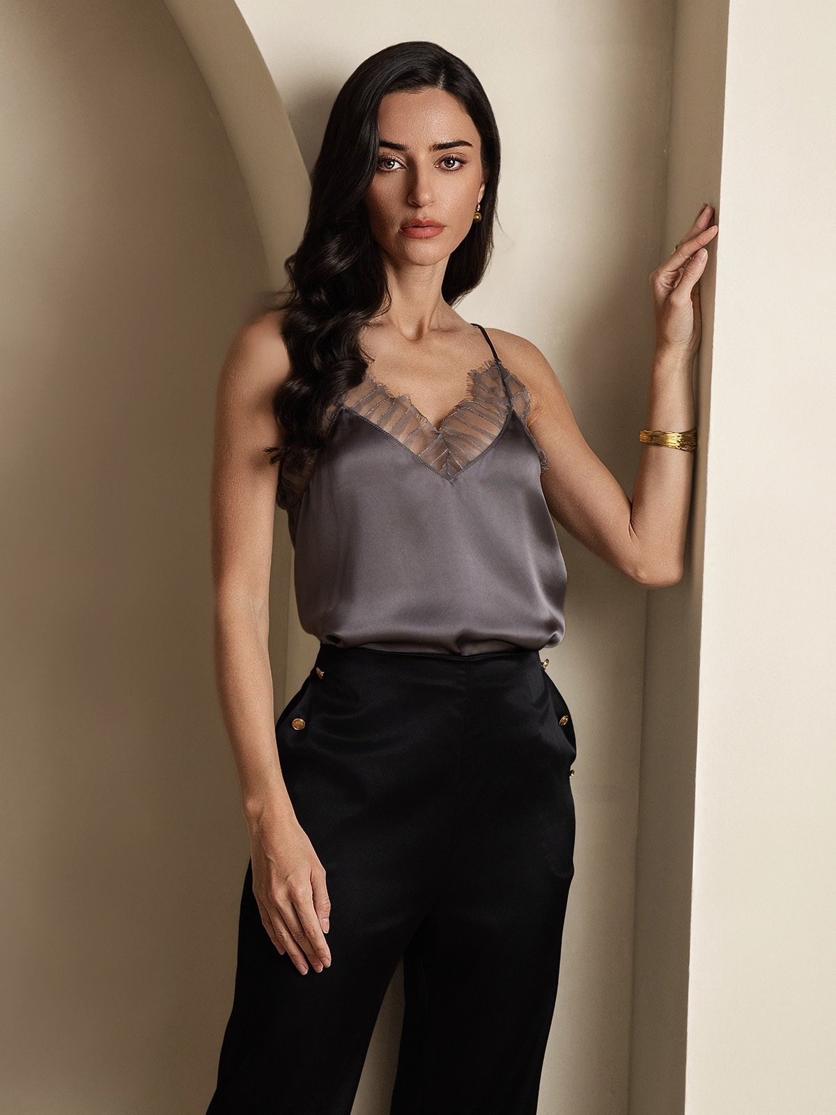 SilkSilky-CA Silk Deep V Neck Camisole PurpleGray 005