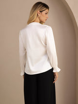 [White] SilkSilky-CA Long Sleeve Split Women's Blouse 002