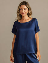 [Dark Blue] SilkSilky-CA 19Momme Machine-Washable Silk Short Sleeve Women's Pajamas 007