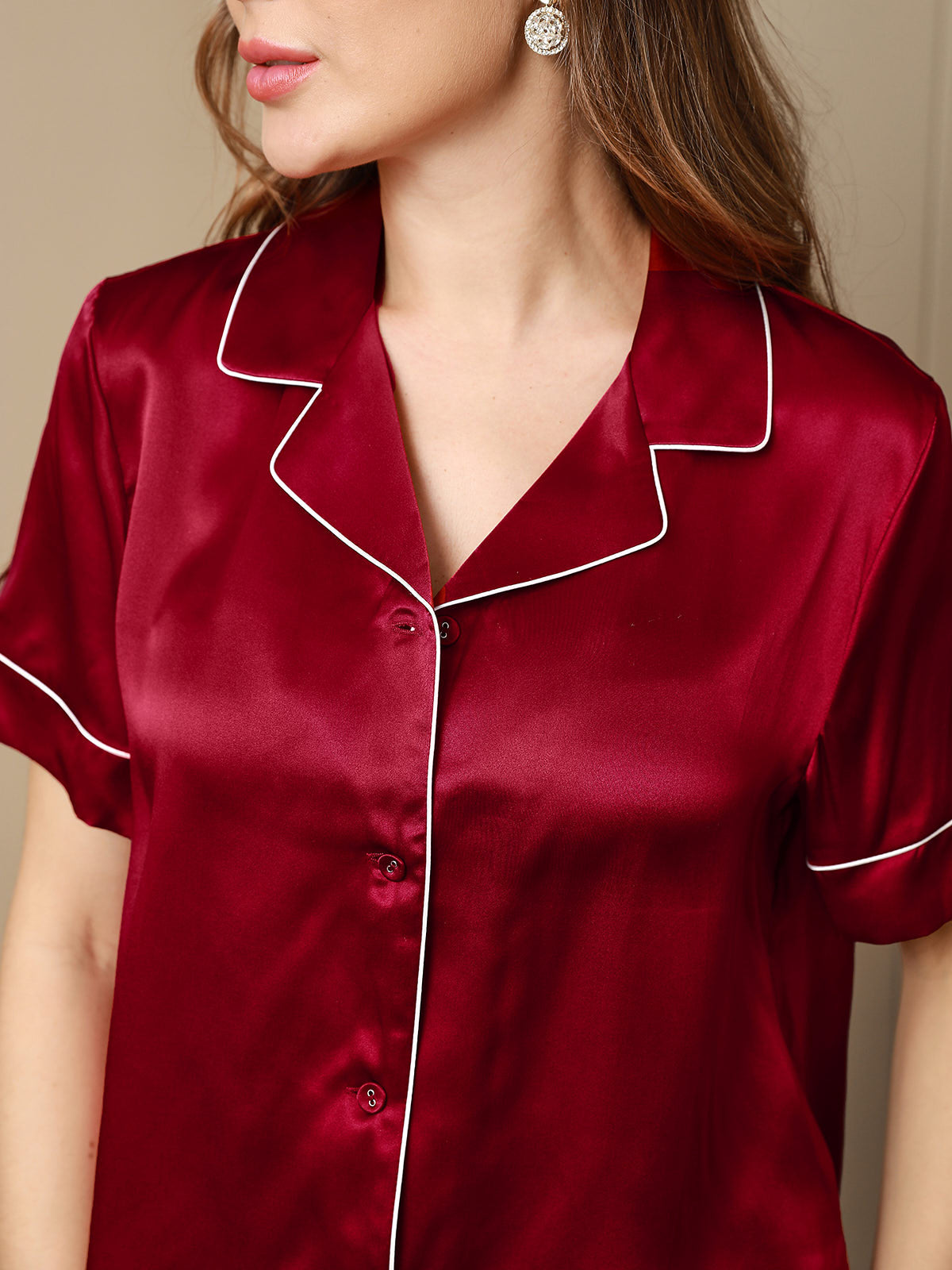 SilkSilky-CA Pure Silk Short Sleeve Lapel Women's Pajamas Wine 008