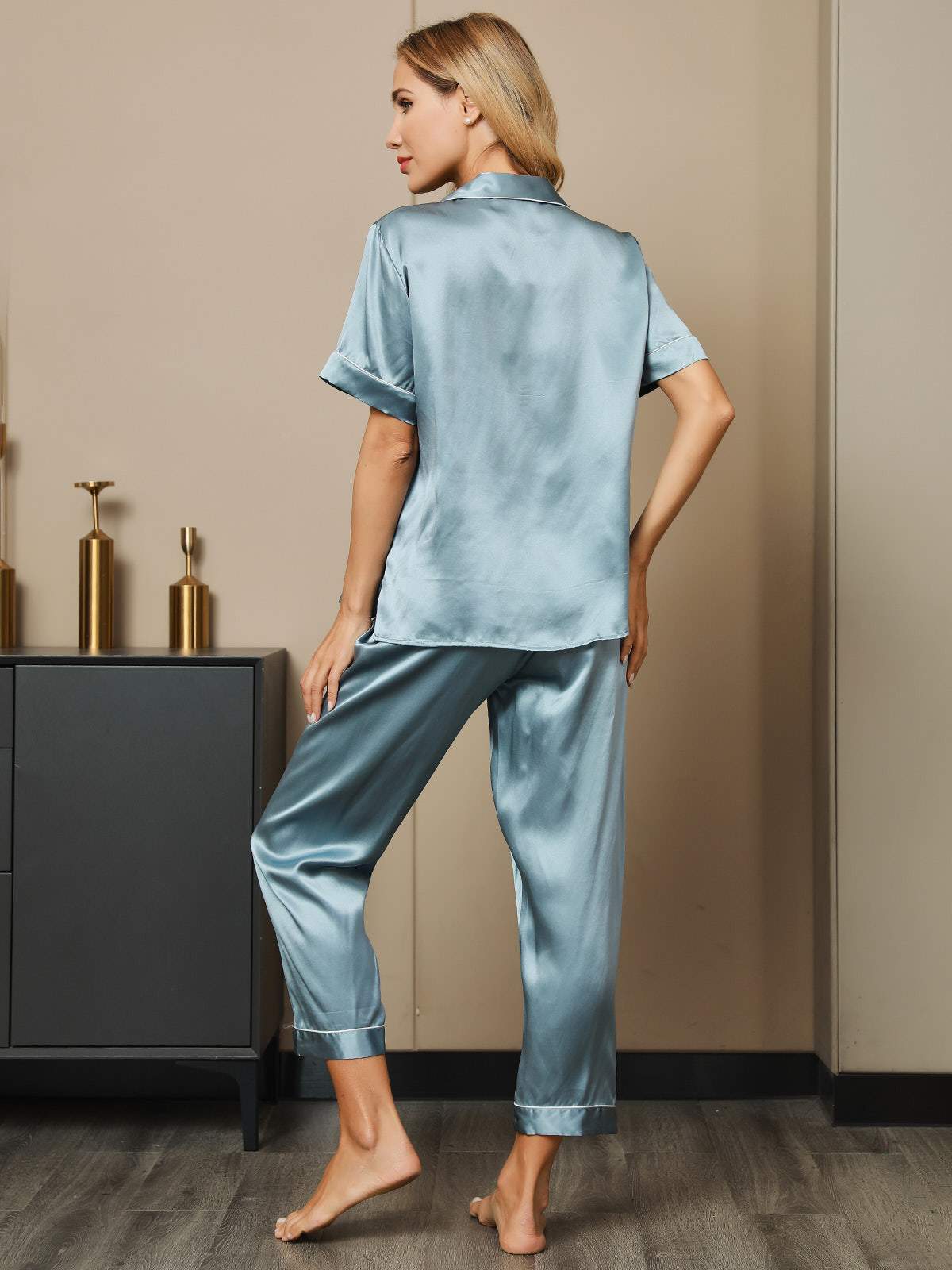 SilkSilky CA Pure Silk Short Sleeve Lapel Women's Pajamas SteelBlue 002