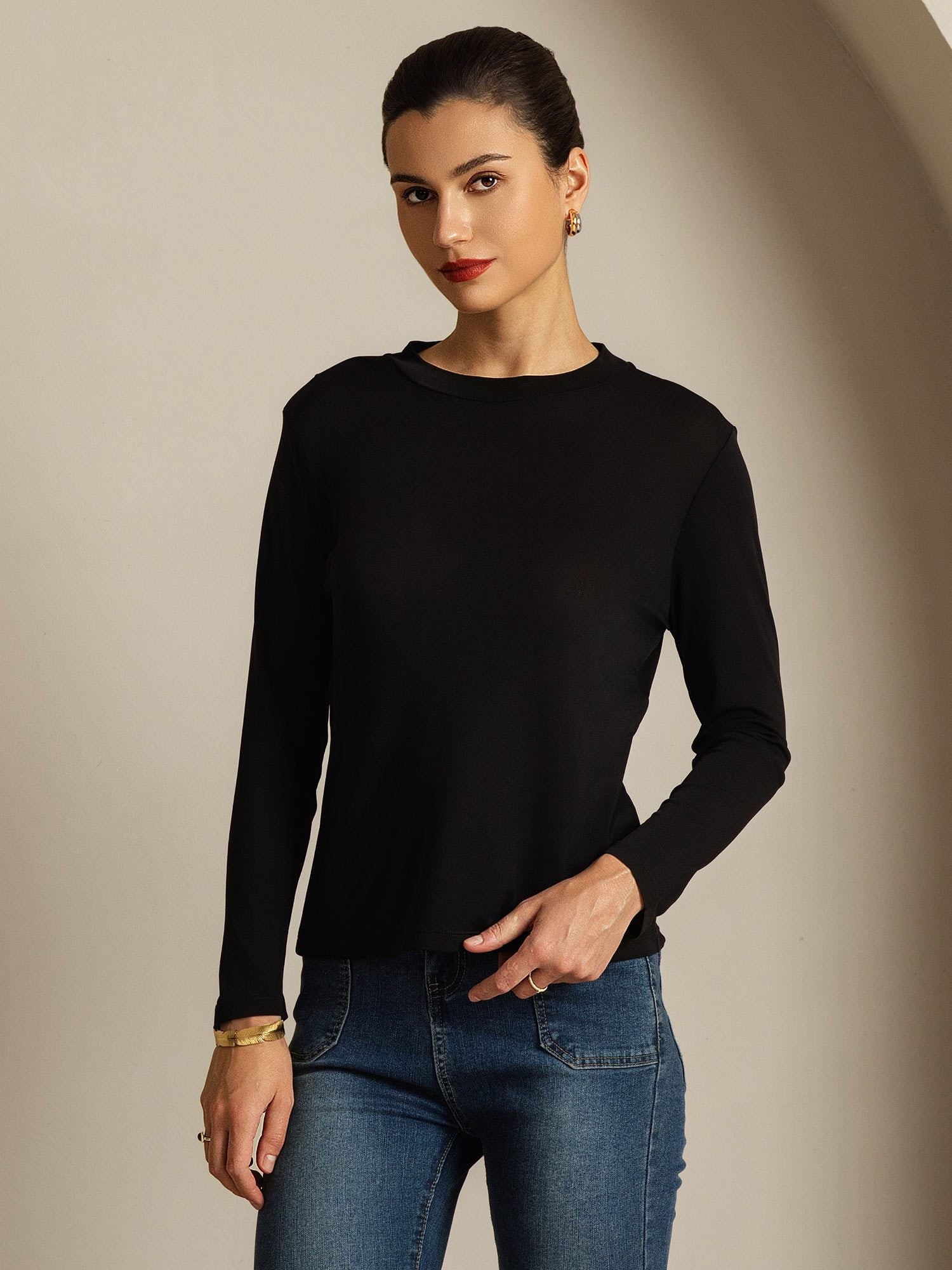 [Black] SilkSilky-CA Pure Silk Round Neck Women's T-Shirt 008