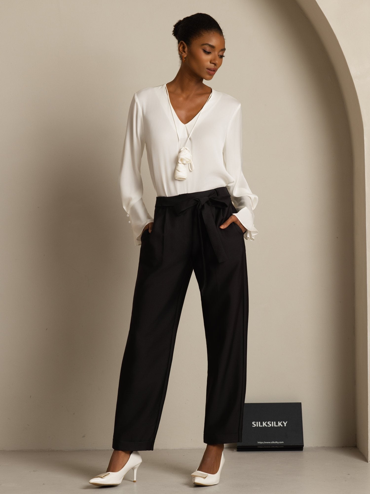 [White] SilkSilky-CA 19Momme Stretch Silk Double Georgette Long Sleeve V Neck Blouse 007