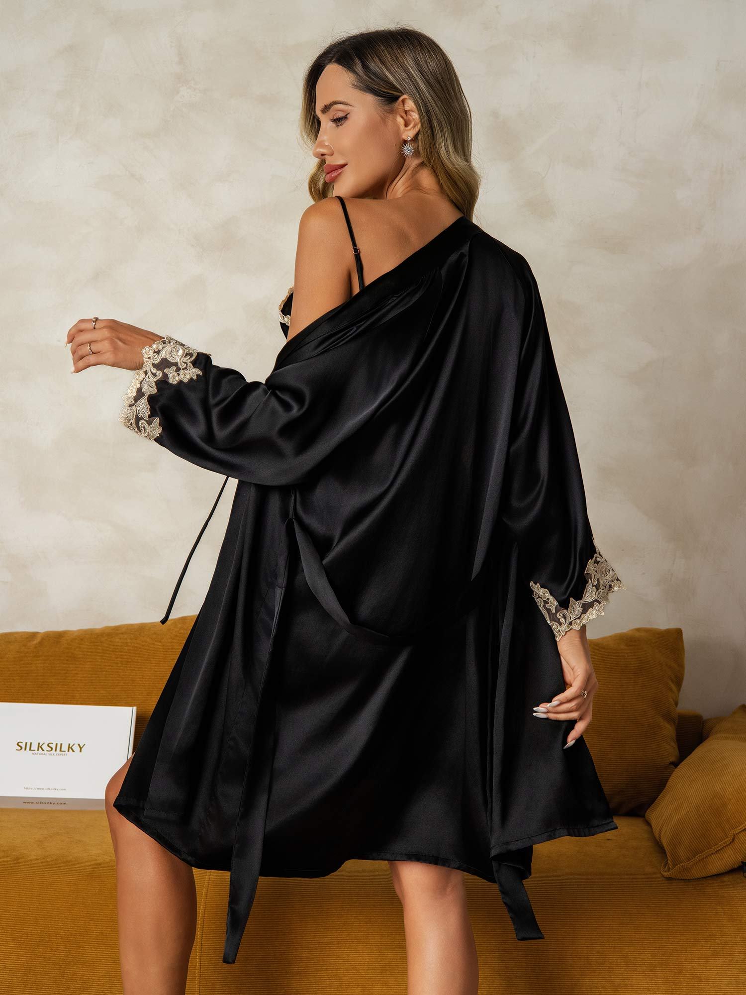[Black] SilkSilky-CA Pure Silk V Neck Nightgown&Robe Set 002