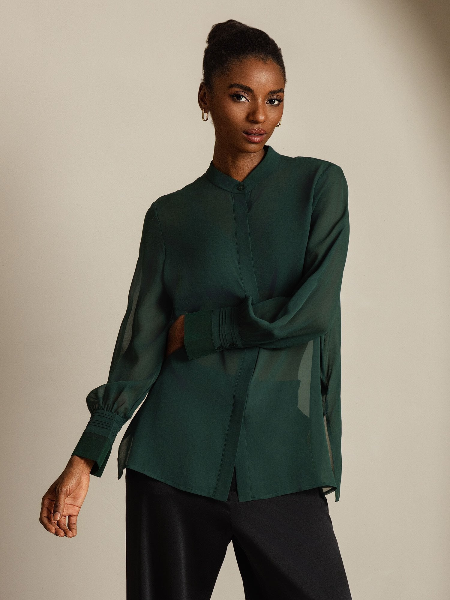[Dark Green] SilkSilky-CA Pure Silk Split Women's Shirt 001
