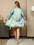 SilkSilky CA Pure Silk 3/4 Sleeve Nightgown&Robe Set MintGreen 002