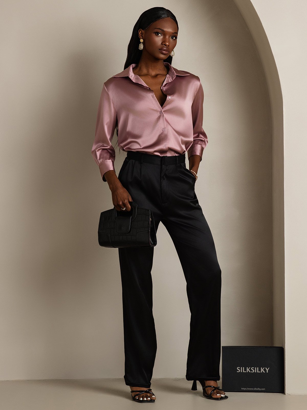 [Pale Mauve] SilkSilky-CA 19Momme Stretch Silk Charmeuse 3/4 Sleeve Lapel Collar Women's Shirt 007