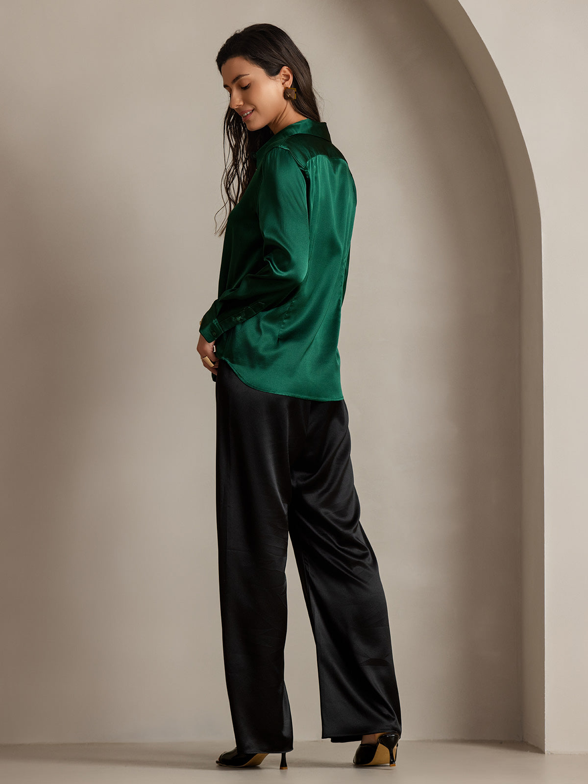 [Dark Green] SilkSilky-CA Silk Long Sleeve Lapel Collar Women's Shirt 002