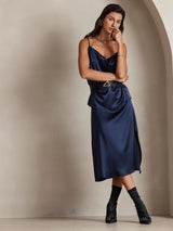 [Dark Blue] SilkSilky-CA Spaghetti Strap Cowl Neck Camisole 005