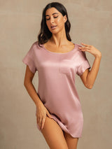 [Peach Skin] SilkSilky-CA 19Momme Machine-Washable Silk Short Sleeve Round Neck Nightgown 003