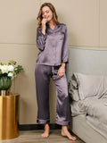 SilkSilky CA Pure Silk Long Sleeve Lapel Women's Pajamas PurpleGray 004