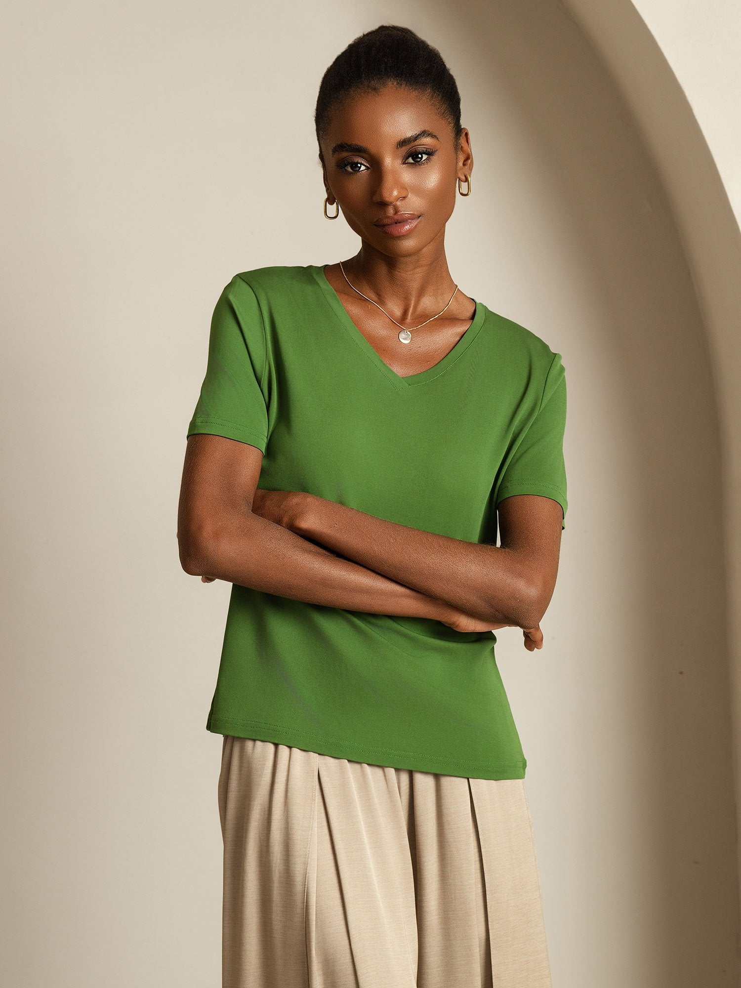 [Green] SilkSilky-CA Pure Silk V Neck Women's T-Shirt 007