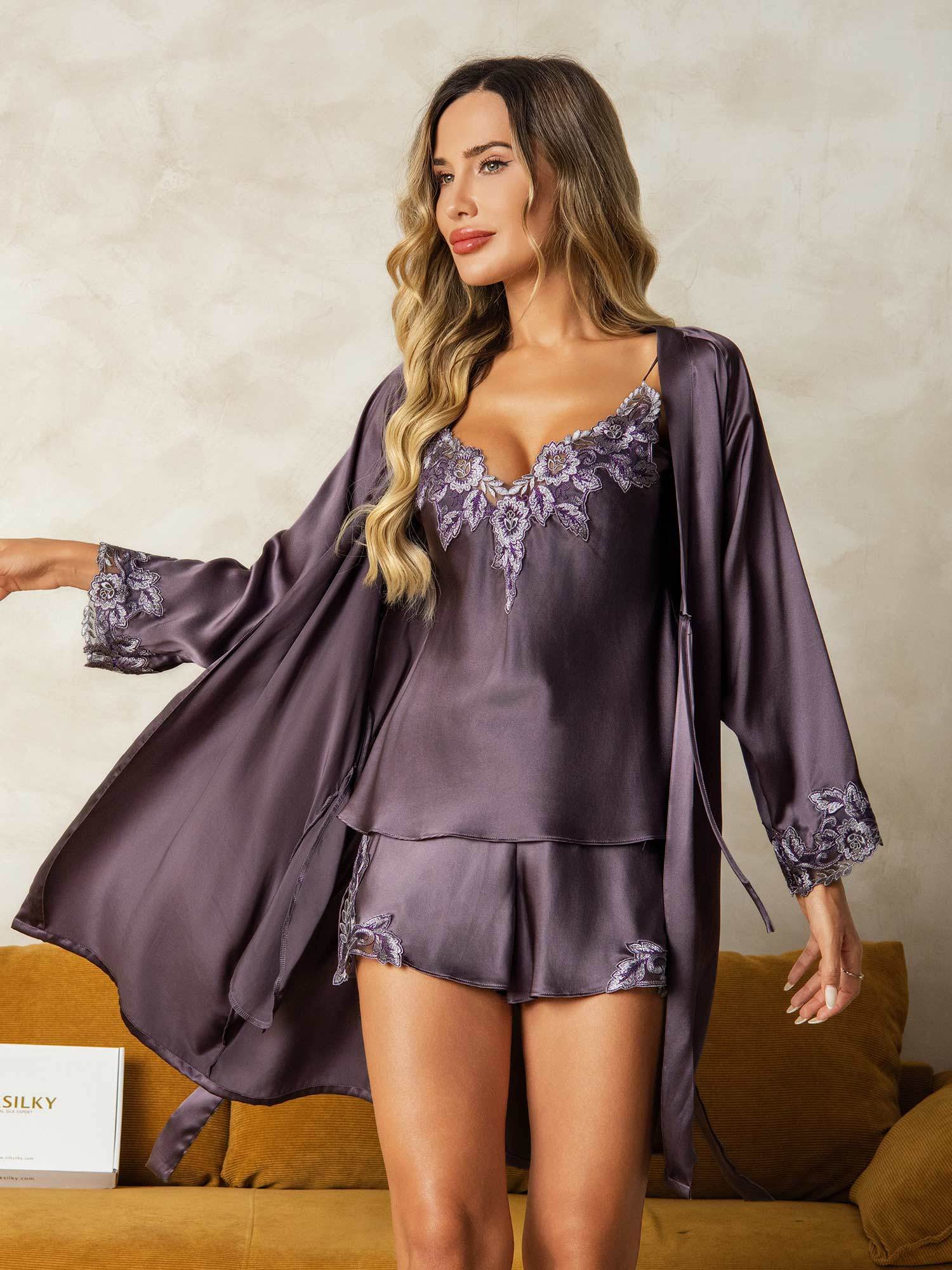 [PurpleGray] SilkSilky-CA Pure Silk Split Nightgown&Robe Set 001