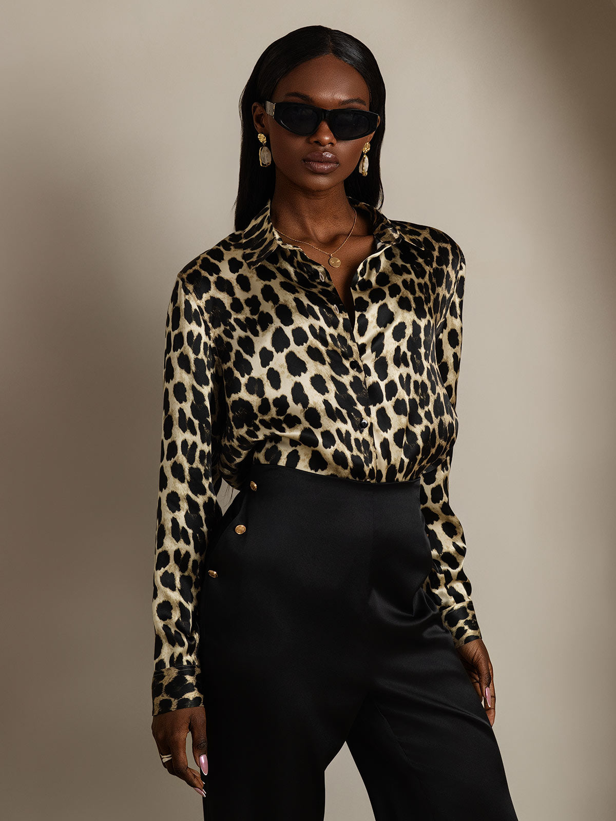 SilkSilky-CA Silk Long Sleeve Collar Women's Shirt Leopard 004