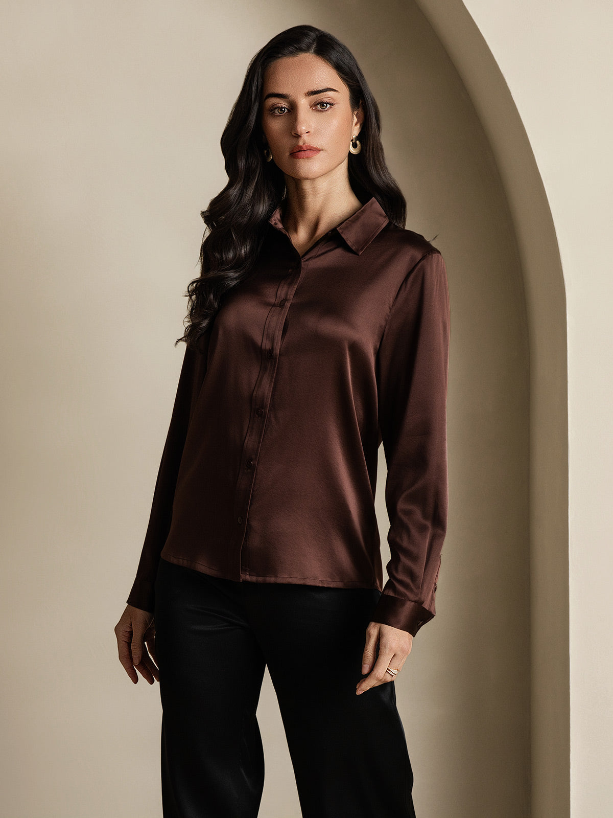 SilkSilky-CA 19Momme Silk Long Sleeve Collar Women's Shirt Coffee 003