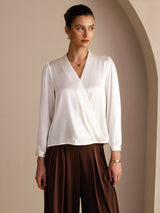 [White] SilkSilky-CA Long Sleeve Wrap Women's Blouse 001