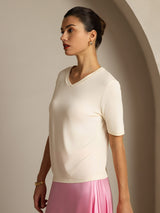 [Beige] SilkSilky-CA 100% High-Twist Silk Jersey Short Sleeve V Neck Women's T-Shirt 006