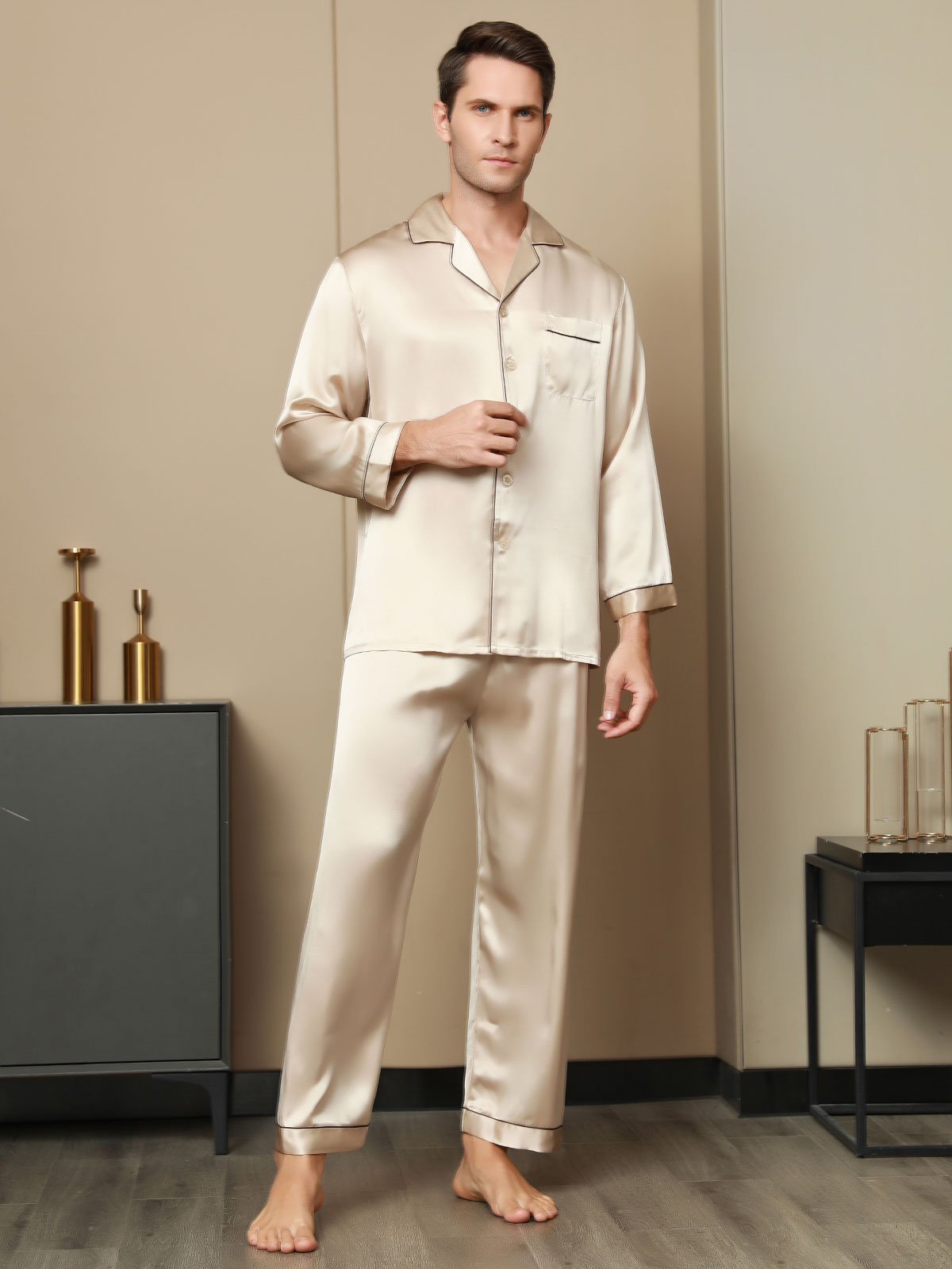 SilkSilky-CA Pure Silk Long Sleeve Lapel Men's Pajamas Tan 003