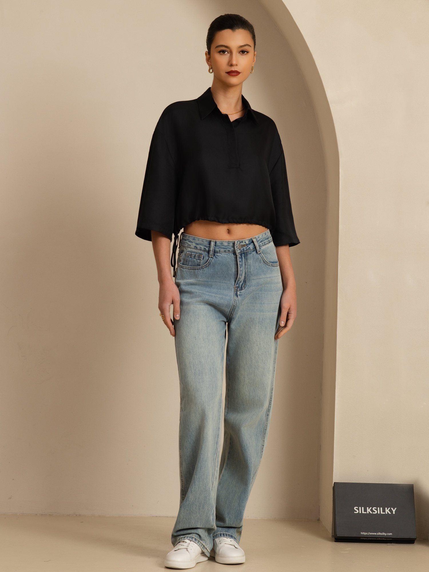 [Black] SilkSilky-CA 18Momme Silk Satin Surah Half Sleeve Lapel Collar Blouse 006