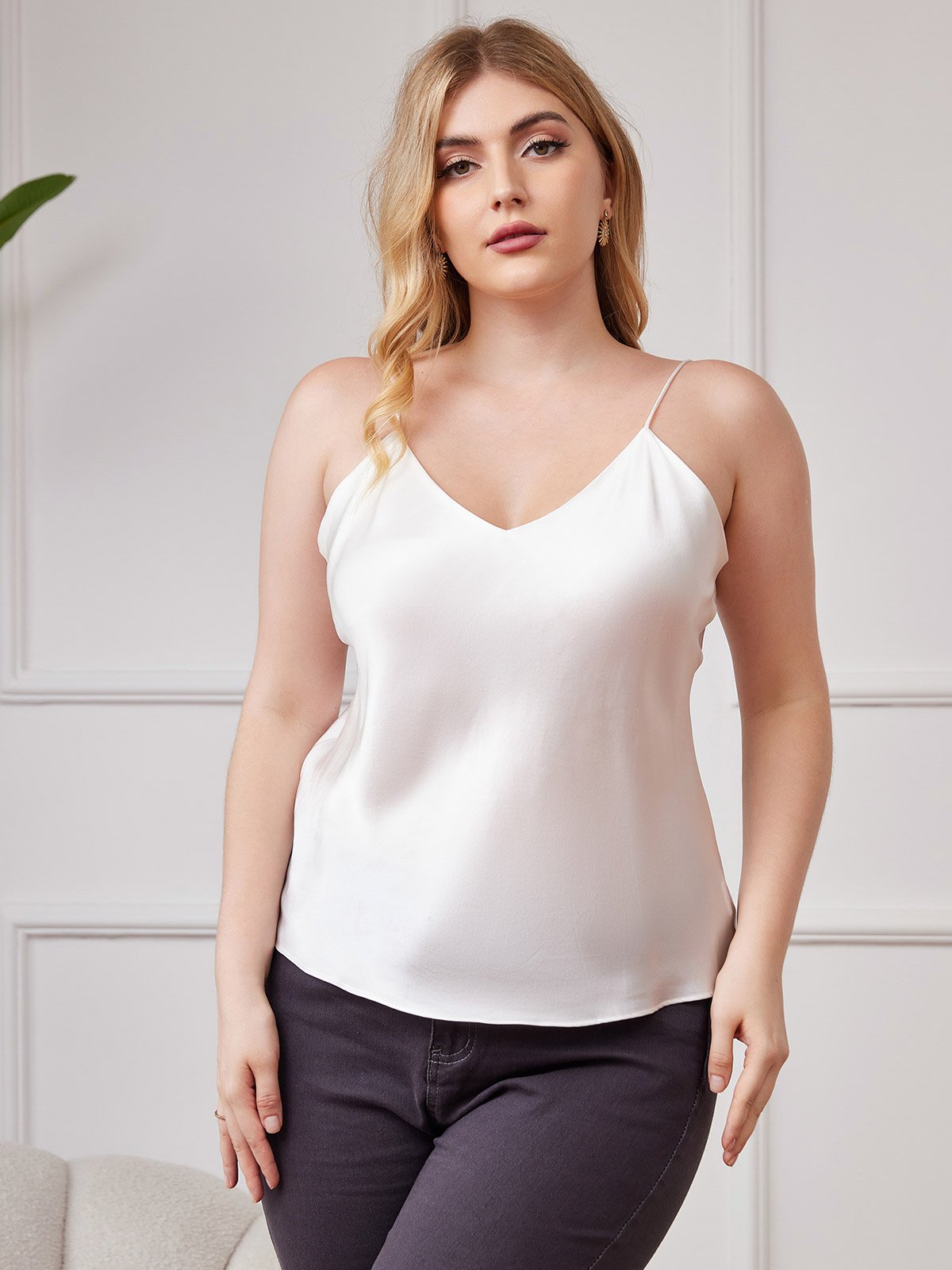 SilkSilky-CA Pure Silk Deep V Neck Plus Size Camisole Top White 001