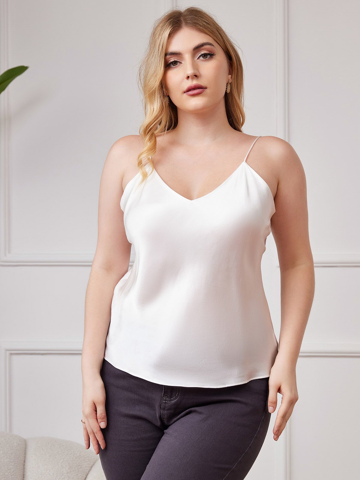 [White] SilkSilky-CA Spaghetti Strap V Neck Plus Size Camisole Top 001