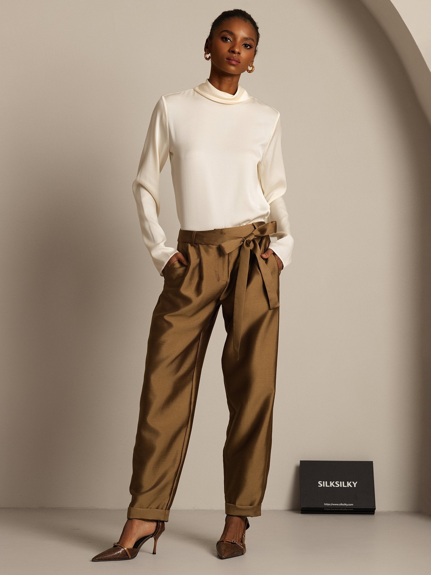 [Bronze] SilkSilky-CA 32Momme Silk-Wool Blend Womens Pants 003,