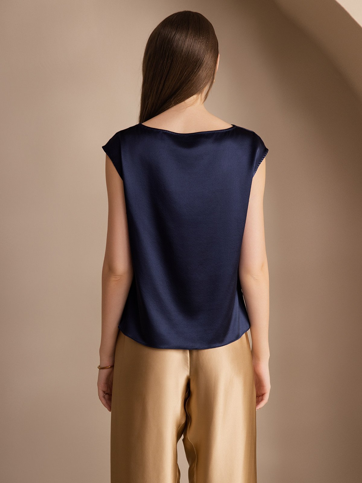[Dark Blue] SilkSilky-CA 19Momme Silk Cap Sleeve Cowl Neck Women's T-Shirt 002