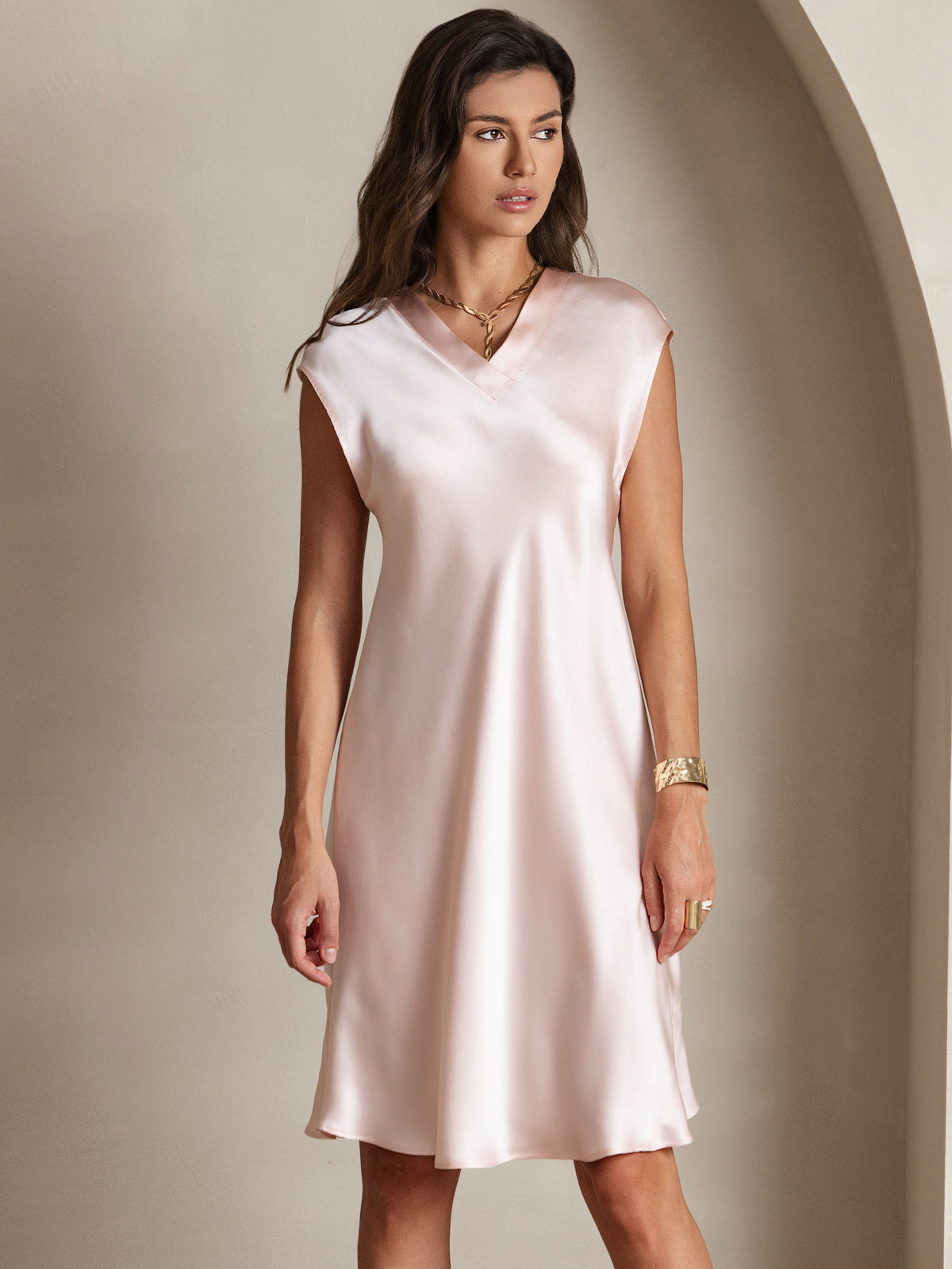 SilkSilky-CA Pure Silk Sleeveless V Neck Dress Pink 006